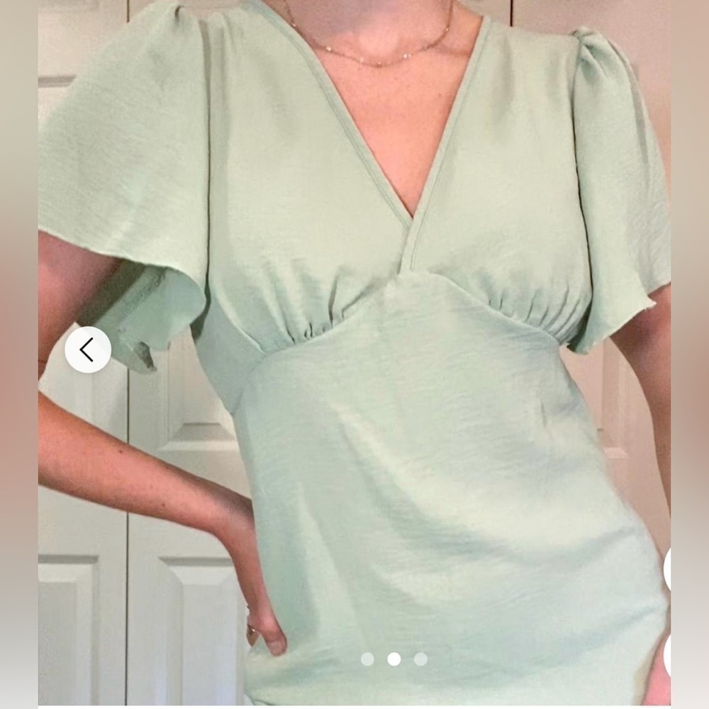 See You Monday Midi Dress  mint green, V-neck A-Line Stretchy Flared Sleeve Sz:M - Picture 3 of 15